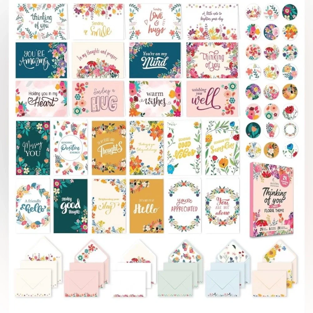 23 Pack 6x4in Floral Assorted Thinking of You Cards with Envelopes and Sticker